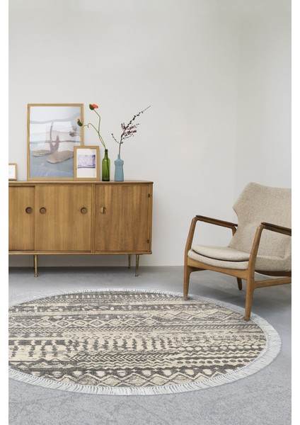 Dijital Salon Halısı Yıldız Deri Kaymaz Taban Saçaklı Yuvarlak Iskandinav Ysabel Gri