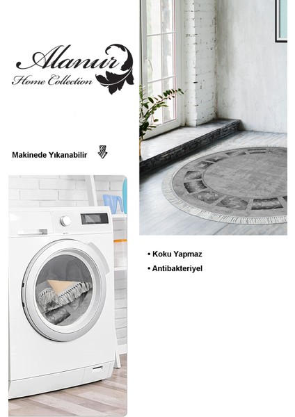 Dijital Salon Halısı Yıldız Deri Kaymaz Taban Saçaklı Yuvarlak Modern Twyla Gri
