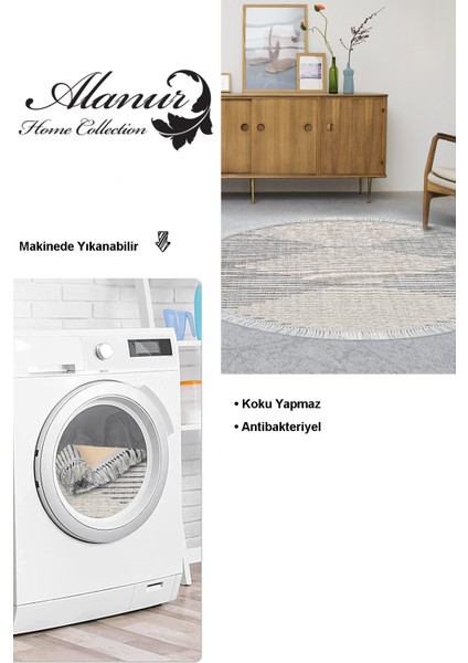 Dijital Salon Halısı Yıldız Deri Kaymaz Taban Saçaklı Yuvarlak Iskandinav Kay Lacivert