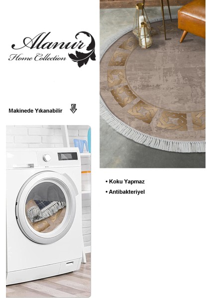 Dijital Salon Halısı Star Pamuk Kaymaz Taban Saçaklı Yuvarlak Modern Twyla Camel