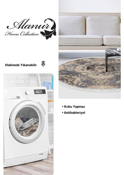 Dijital Salon Halısı Star Pamuk Kaymaz Taban Saçaklı Yuvarlak Modern Brenna Krem modelleri
