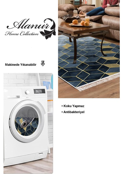 Dijital Salon Halısı Star Pamuk Kaymaz Taban Saçaklı Iskandinav Stephania Mavi