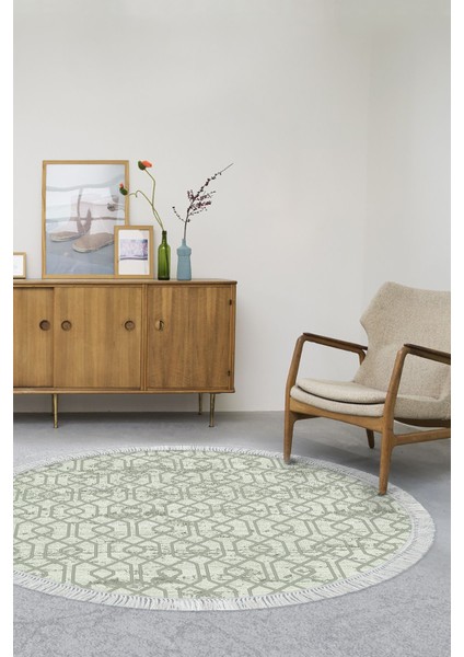 Dijital Salon Halısı Yıldız Deri Kaymaz Taban Saçaklı Yuvarlak Modern Eliana Yeşil