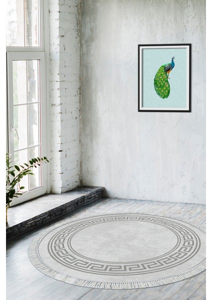 Dijital Salon Halısı Yıldız Deri Kaymaz Taban Saçaklı Yuvarlak Modern Cassietta Gri