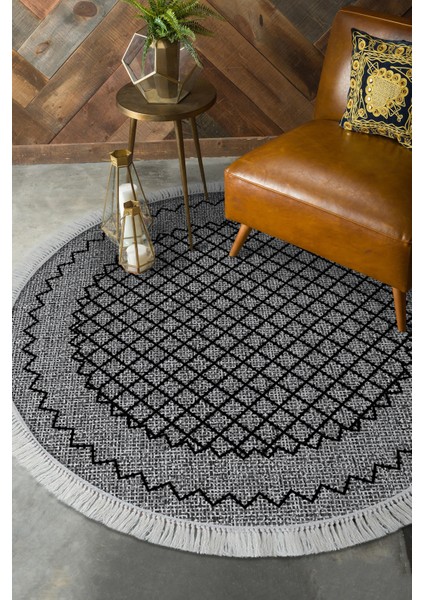Dijital Salon Halısı Yıldız Deri Kaymaz Taban Saçaklı Yuvarlak Modern Christie Gri