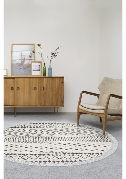 Dijital Salon Halısı Star Pamuk Kaymaz Taban Saçaklı Yuvarlak Iskandinav Cade Bej