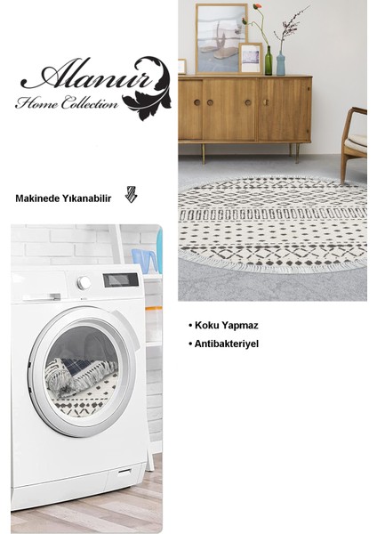 Dijital Salon Halısı Star Pamuk Kaymaz Taban Saçaklı Yuvarlak Iskandinav Cade Bej