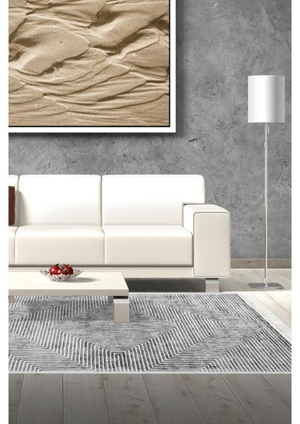 Dijital Salon Halısı Yıldız Deri Kaymaz Taban Saçaklı Modern Vanessa Gri