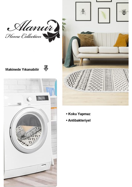 Dijital Salon Halısı Yıldız Deri Kaymaz Taban Saçaklı Oval Iskandinav Cade Bej
