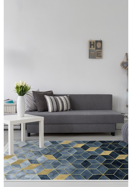 Dijital Salon Halısı Yıldız Deri Kaymaz Taban Saçaklı Iskandinav Stephania Mavi