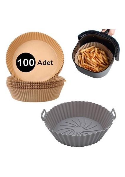 Buffer® Gri Pişirme Matı 20 cm ve 100 Adet Kullan-At Air Fryer Pişirme Kağıdı Yuvarlak Delikli