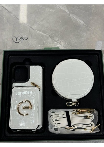 iPhone 11 Kılıf Deri Arkası Mini El Cüzdan Ip Askılı Makyaj Çanta Gold Detaylı Set Kombin