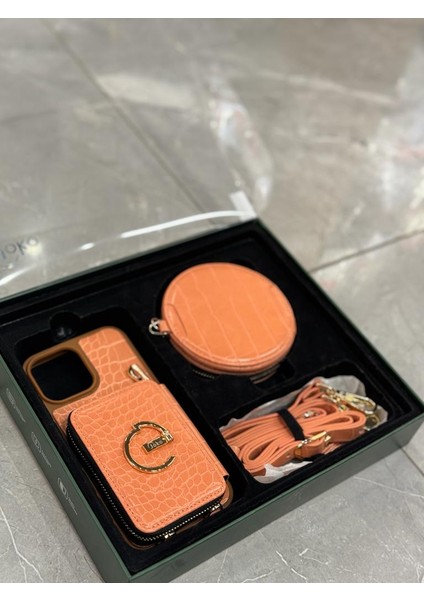 iPhone 11 Kılıf Deri Arkası Mini El Cüzdan Ip Askılı Makyaj Çanta Gold Detaylı Set Kombin