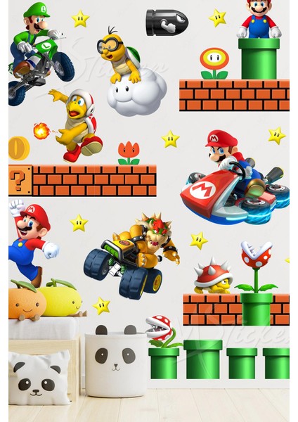 Super Mario ve Arkadaşları Sevimli Eğlenceli Çocuk Odası Cam Duvar Sticker Seti Büyük Boy