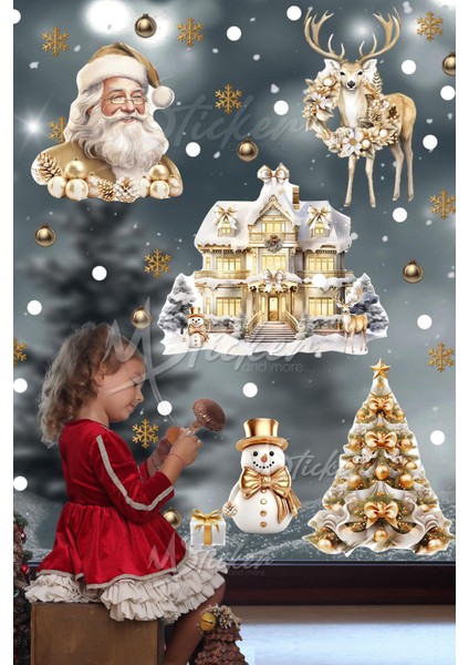 Gold Yılbaşı Seti, Yeni Yıl Yılbaşı Kış Konseptli Yılbaşı Süsü Sticker Seti Noel Baba Ağaçlar Evler