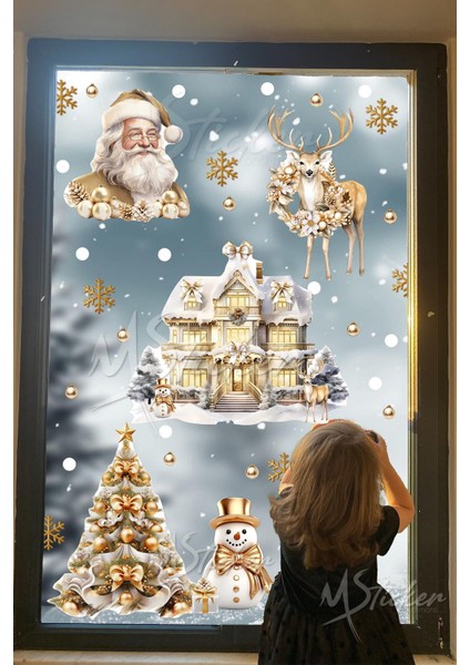 Gold Yılbaşı Seti, Yeni Yıl Yılbaşı Kış Konseptli Yılbaşı Süsü Sticker Seti Noel Baba Ağaçlar Evler fiyatları