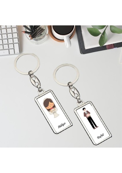 Kişiye Özel Çift Taraf Baskılı Dikdörtgen Krom Gelin Damat Anahtarlık