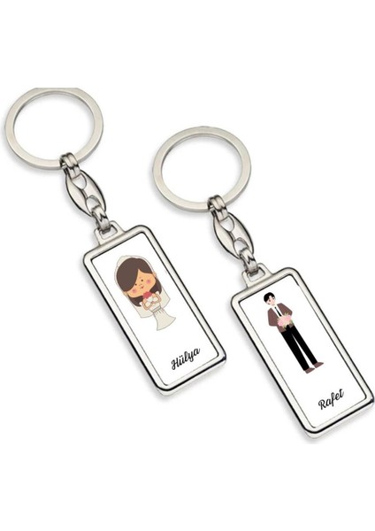 Kişiye Özel Çift Taraf Baskılı Dikdörtgen Krom Gelin Damat Anahtarlık fiyatları