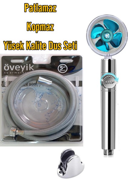 Duş Başlığı Turbo Pervaneli ve Yüksek Kalite Duş Hortumu