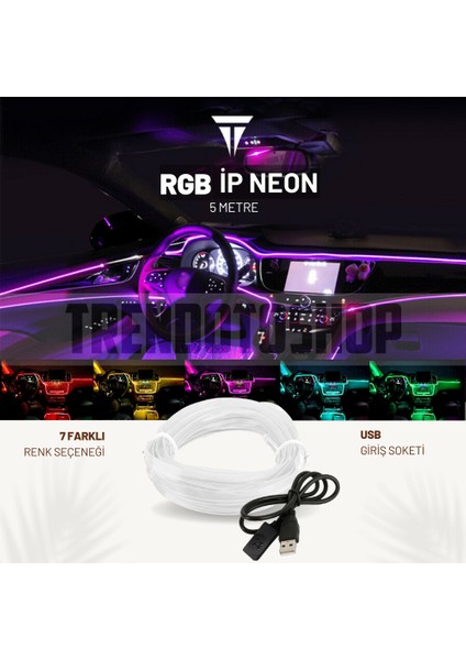 Rgb Araç Içi Atmosfer Ambiyans Ip Neon Torpido LED 5 Metre usb girişli