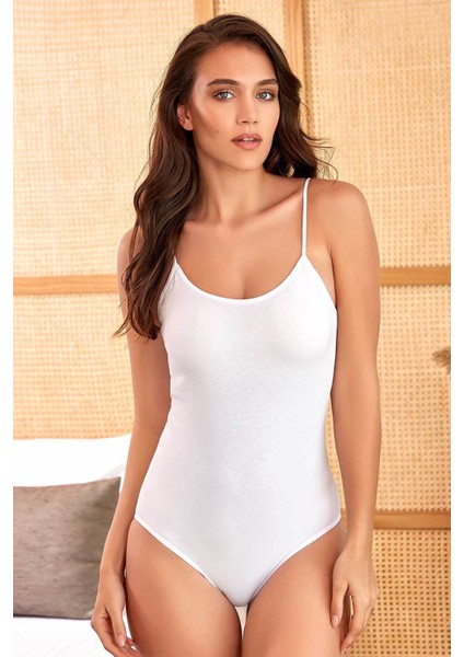 Likralı Pamuklu Süprem Ip Askılı Beyaz Çıtçıtlı Body