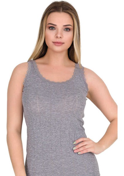 Kalp Desenli Yaka Dantelli Kalın Askılı Gri Atlet