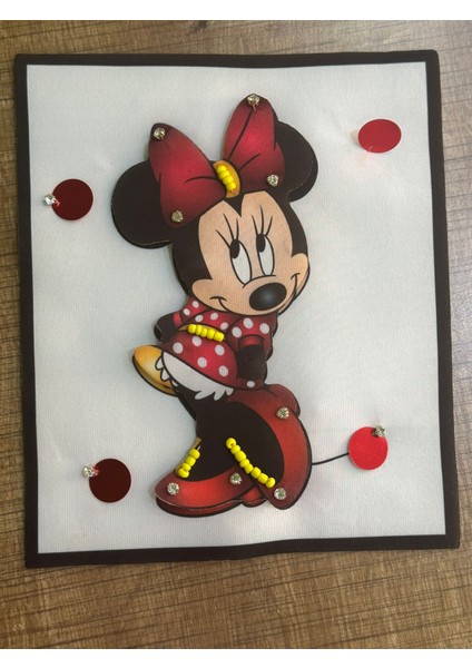 23X19 cm 3 Boyutlu Minnie Mause Kabartma Taşlı Boncuk Payet Işleme Arma Aplike