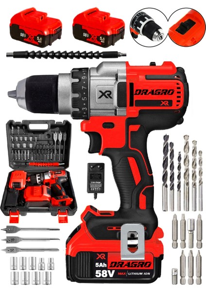 Alman 58 V 5 Ah Darbeli Bakır Sargili Metal Şanzuman Şarjlı Çift Akülü Vidalama Matkap-Xr-Krmızı Dragro-58v-5ah-Xxr-Kırmızı