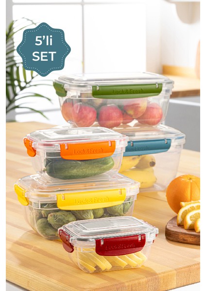 Kilitli Kapaklı 5li Saklama Kabı Seti Sığ Dikdörtgen 1X(2725, 1675, 975, 565, 310 Ml)