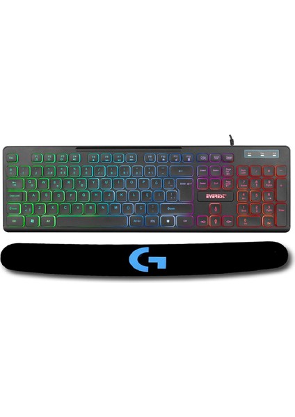 KB-120 Sleek Aydınlatmalı Oyuncu Klavyesi + Logitech Bilek Destekli Profesyonel Oyuncu Gaming 70 cm Klavye Altlık Bileklik Pad