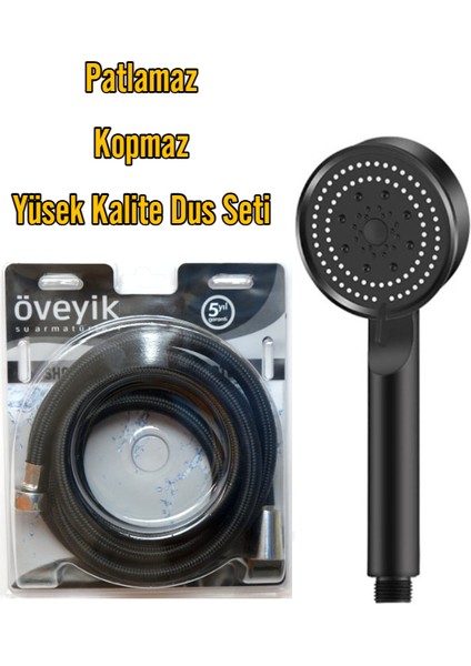 5 Fonksiyonlu Mafsallı Mat Siyah Duş Başlığı Seti, Mat Siyah Duş Başlığı + Duş Hotrumu Duş Seti