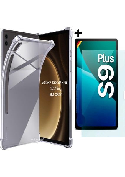 MTK Moveteck Samsung Tab S9+ Plus 12.4 Inç Uyumlu Kılıf Köşeleri Darbe Korumalı Şeffaf Silikon + Nano Ekran Koruyucu Set