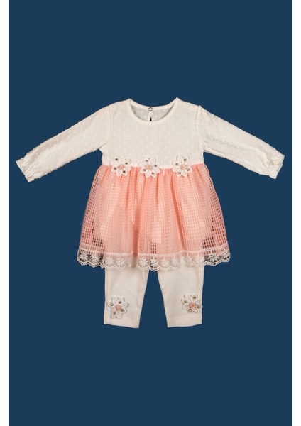 Kız Bebek Fisto Dantelli Elbise-Taytlı ve Çiçek Motif Detaylı Bebek Elbisesi