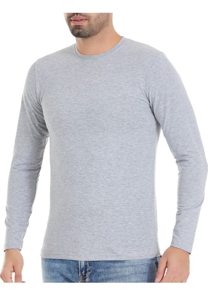Likralı Pamuklu Uzun Kol Gri Erkek T-Shirt