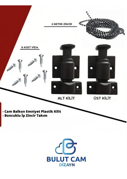 Cam Balkon Emniyet SİYAH Plastik Kilit SETİ - Boncuklu İp Zincir Takım Seti