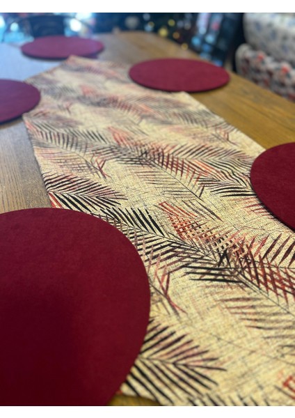 Tuğçe Demir Home Design Hasır Görünümlü Bordo Dal Desen Runner Supla Set
