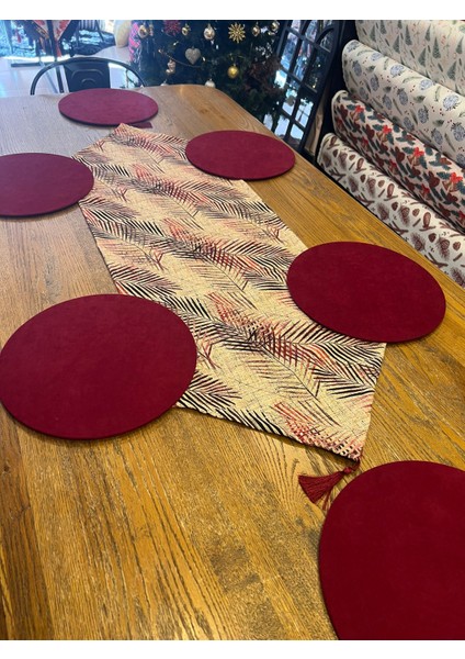 Tuğçe Demir Home Design Hasır Görünümlü Bordo Dal Desen Runner Supla Set fiyatları
