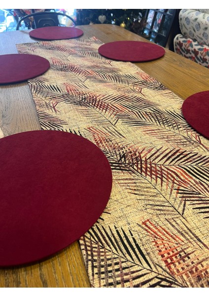 Tuğçe Demir Home Design Hasır Görünümlü Bordo Dal Desen Runner Supla Set