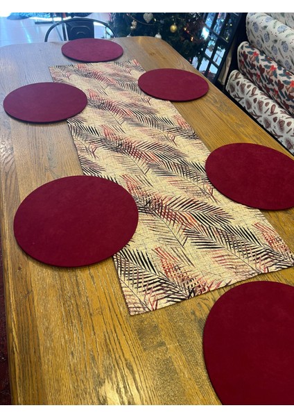 Tuğçe Demir Home Design Hasır Görünümlü Bordo Dal Desen Runner Supla Set fiyatları