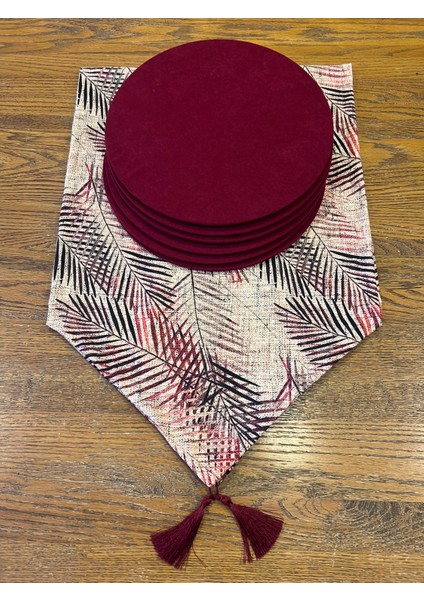 Tuğçe Demir Home Design Hasır Görünümlü Bordo Dal Desen Runner Supla Set modelleri