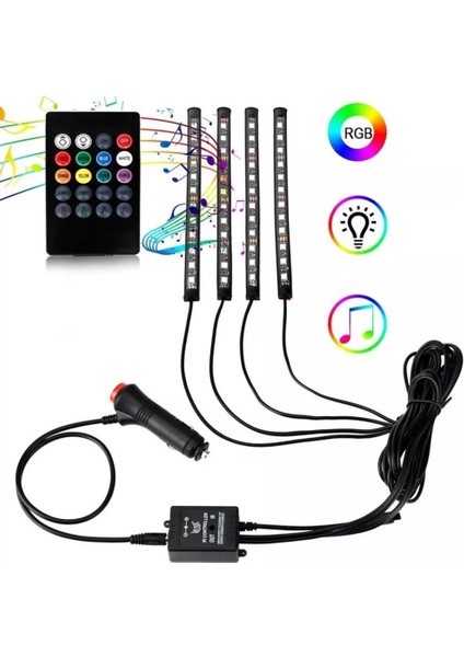 4 Parçalı Uzaktan Kumandalı Ayak Altı Aydınlatma 12 LED Çok Renkli Müzikli Araba Ledi