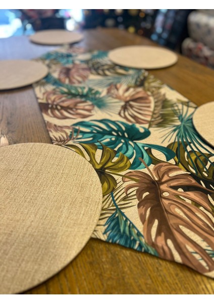 Tuğçe Demir Home Design Hasır Görünümlü Kahve Yeşil Yaprak Desen Runner Supla Set