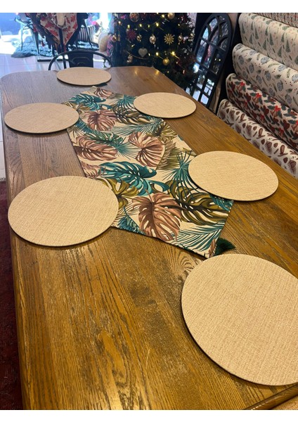 Tuğçe Demir Home Design Hasır Görünümlü Kahve Yeşil Yaprak Desen Runner Supla Set