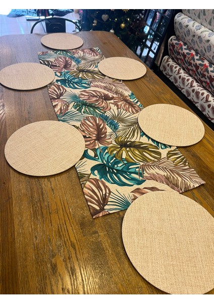 Tuğçe Demir Home Design Hasır Görünümlü Kahve Yeşil Yaprak Desen Runner Supla Set