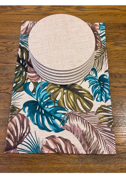 Tuğçe Demir Home Design Hasır Görünümlü Kahve Yeşil Yaprak Desen Runner Supla Set