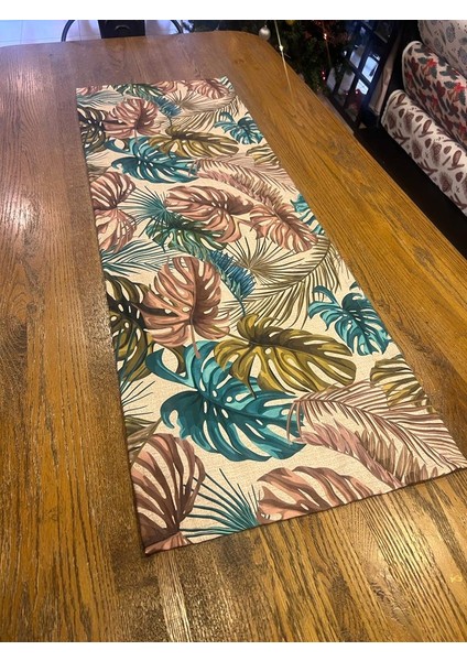 Tuğçe Demir Home Design Hasır Görünümlü Kahve Yeşil Yaprak Desen Runner Supla Set