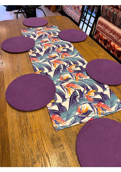 Tuğçe Demir Home Design Mor Turuncu Yaprak Desen Runner Supla Set