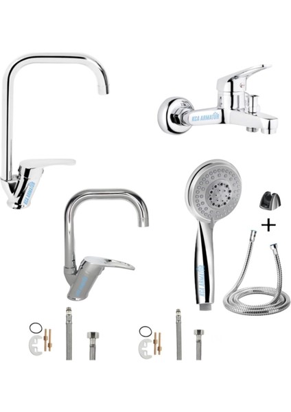 Kca Köşe Borulu Mutfak Lavabo Banyo Bataryası Musluğu Duş Başlığı 4'lü Ful Set