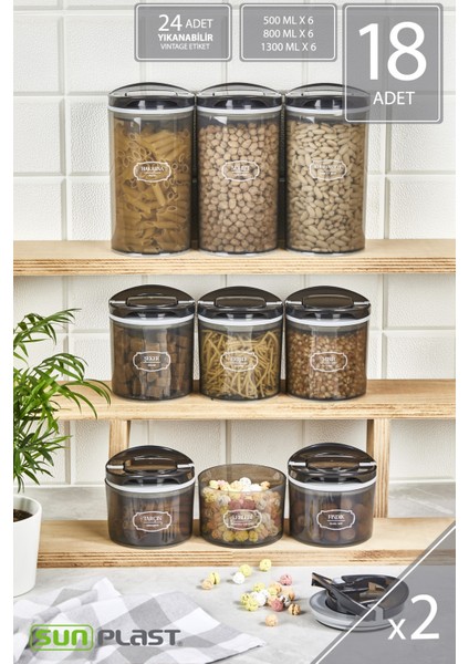 18'li Saklama Kabı Seti - Sızdırmaz Ergonomik Kapaklı - Antrasit Erzak Kabı