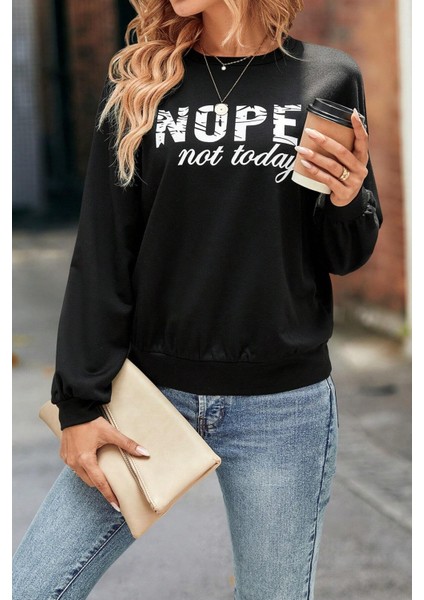 Nope Baskılı Bisiklet Yaka Sweatshirt